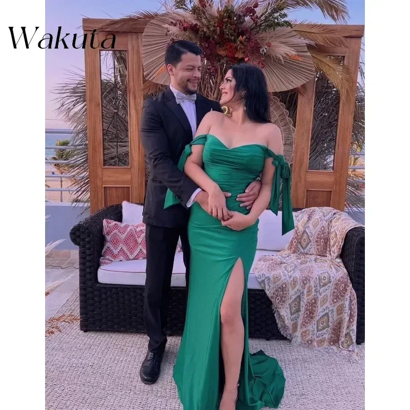 Wakuta Fashion Off Shoulder Satin Bridesmaid Dresses with Slit Ruched Mermaid Prom Robe Corset Formal Party Vestidos De Fiesta