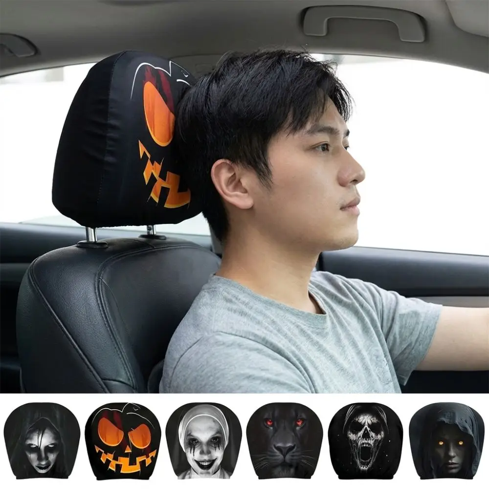 2Pcs Elastic Halloween Car Headrest Covers Soft Comfortable Scary Nun Skull Spooky Face Auto Headrest Sleeve Breathable