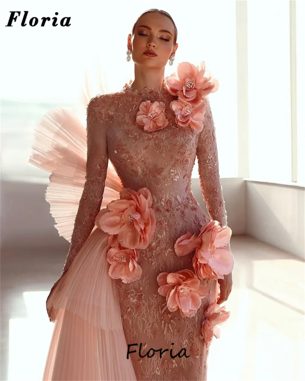Princesa 3d flores vestido de baile árabe dubai formal babados saia mangas compridas vestidos de noite vestidos de festa de noivado personalizado