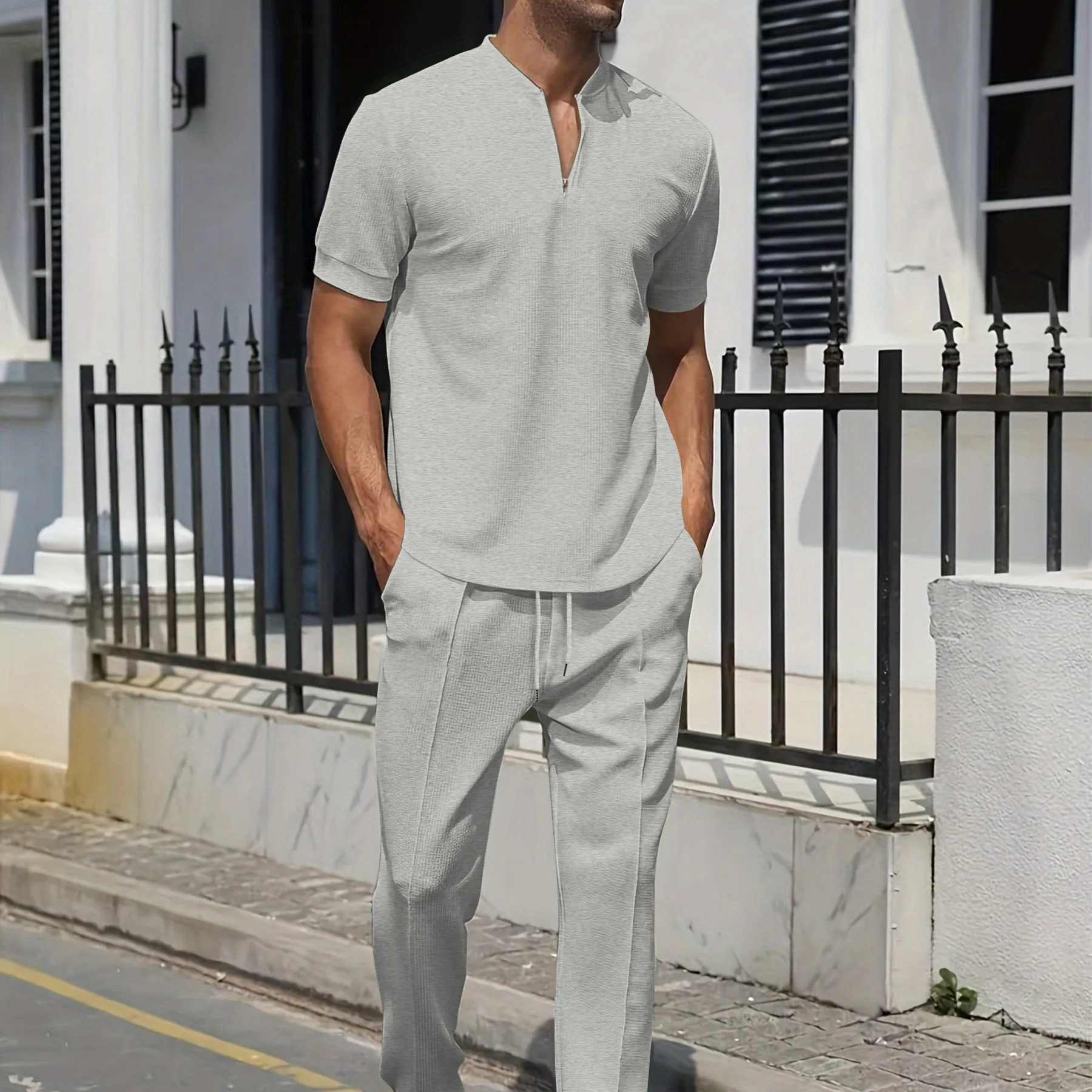 2025 New men's suit summer casual short-sleeved stand collar Waffle Polo shirt T-shirt trousers two sets