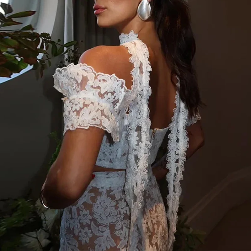 

Women Fashion Embroidery Solid Set 2025 Elegant Sling Tops and A-Line Skirt Suit Sexy Street Lace Hollow Out Two Piece Outfits