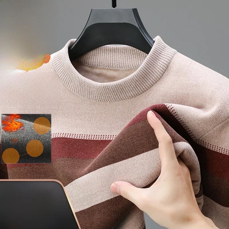 Men's Winter Thiened Fce f-High Collar Knitted Sweater Casual Stripe Faionable Base irt Soft Warm Long Sve