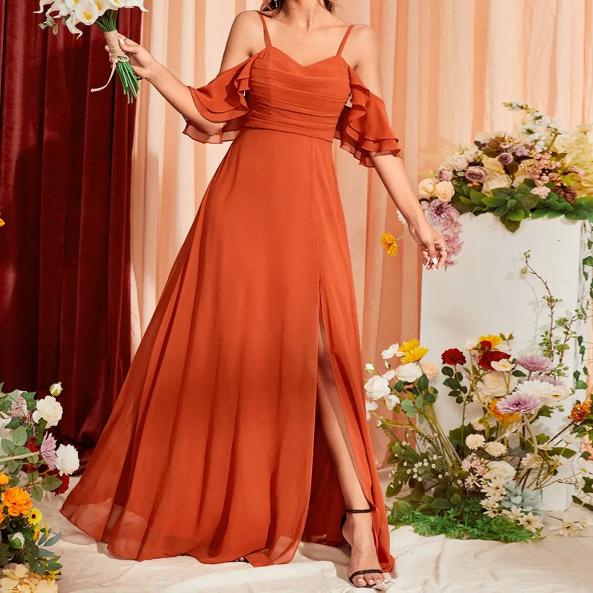 Unithorse Ruched Split Thigh Chiffon Bridesmaid Dress