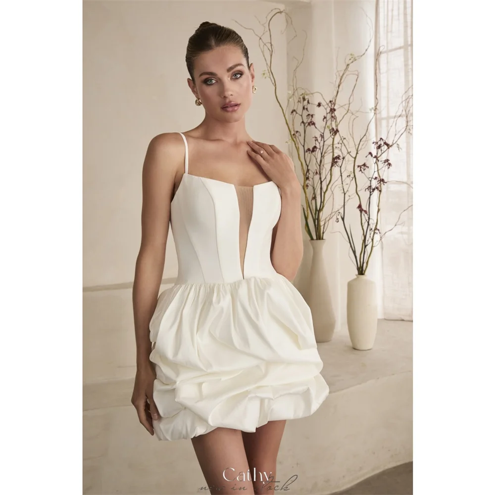 

Cathy Customized Off-White V Neck Bud Mini Prom Dress Spaghetti Straps Sleeveless vestidos de noiva Zip Back Evening Dresses