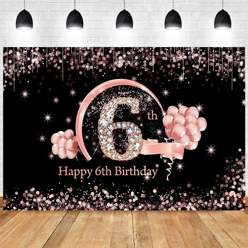 

Happy 6th Birthday Backdrop for Baby Girls 6 Years Party Black and Pink Balloons Decorations Photography Background Banner Props