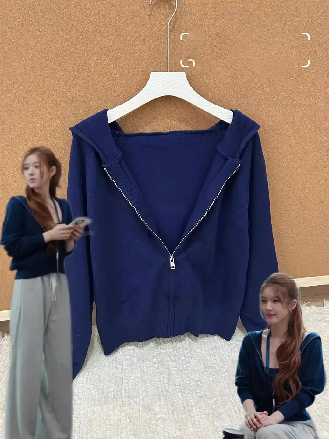 

Blue Hooded Sweater Jaet Women's ort Sle Casual Top Waist Cinched Autumn Winter Faion Outerwear by Xue Li Zhaoyan