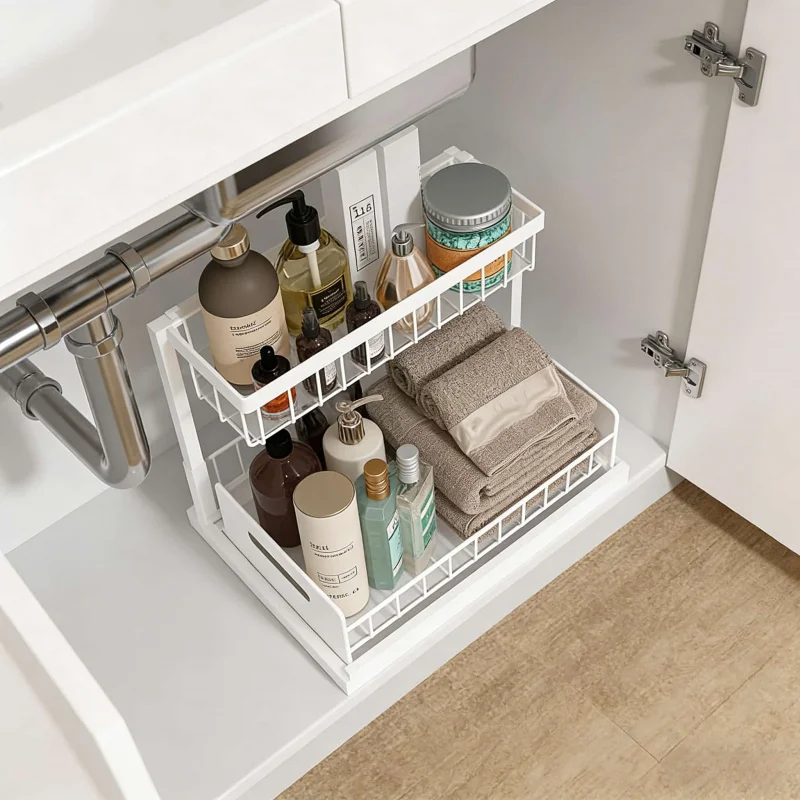 Küchen- und Badezimmer-Doppelschubladen-Spülbeckenregal mit 2 ausziehbaren Organizer-Ablagen – Aufbewahrungslösung für den Schrank