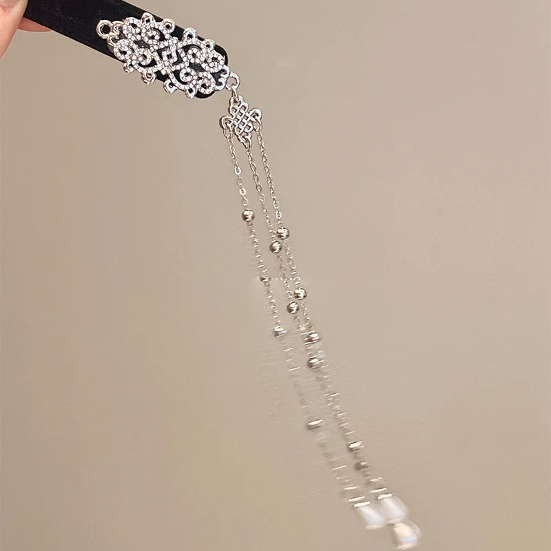 Neo Chinese Style Flocking Chinese Knot Rhinestones Imitation Pearl Water Drop Long Chains Retro Fringe Magnificent Hair Clips