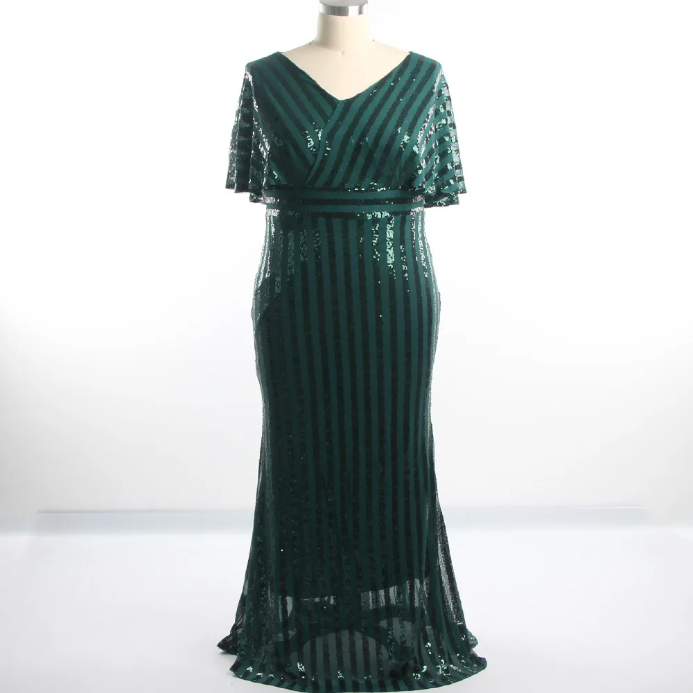 

Evening Dresses Green Sequins V-neck Half Sleeves Simple Zipper Back Mermaid Trumpet Floor Length Women Party Dress 2022 D1030