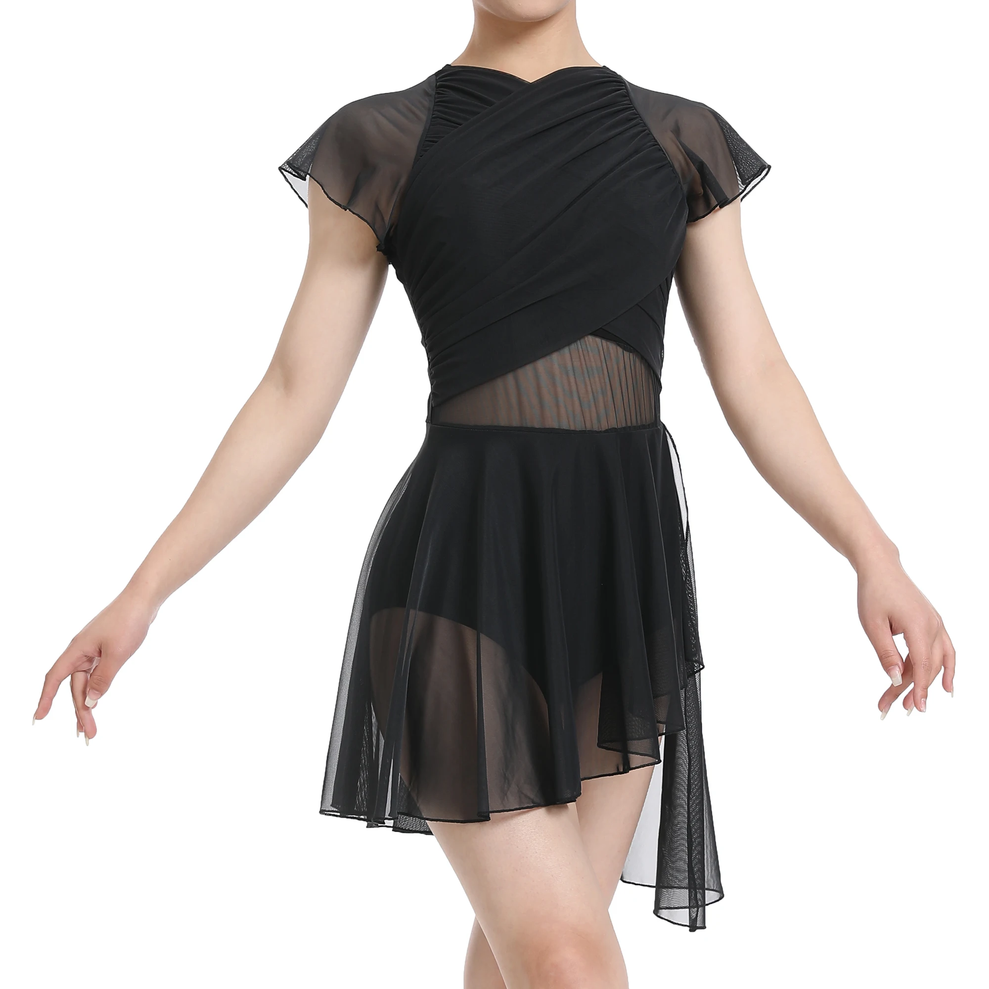 فستان رقص نسائي غنائي حديث بأكمام مرفرفة شبكي متجنب زي رقص معاصر، قطرة ماء مجوفة من الخلف #4