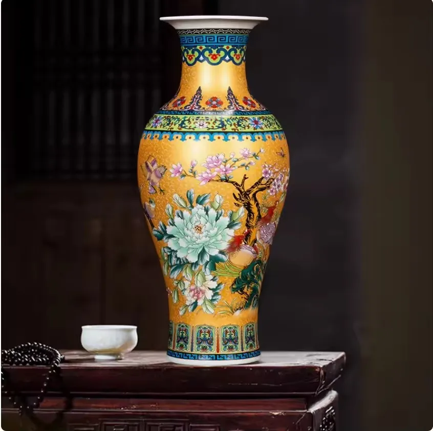 

36cm/Golden Jingdezhen ceramics, Chinese style enamel colored vase decorations, home decor, living room, antique rack, vase inse
