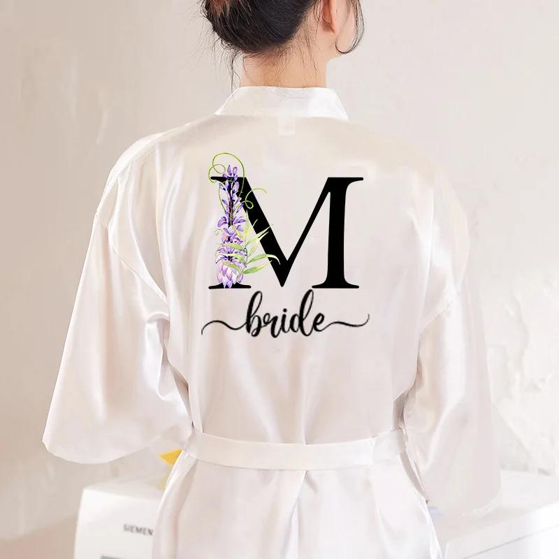 Wedding Party Bride Robe With A-Z Alphabet Wisteria Letters Kimono Satin Pajamas Bridesmaid Bathrobe Bridal Party Gifts