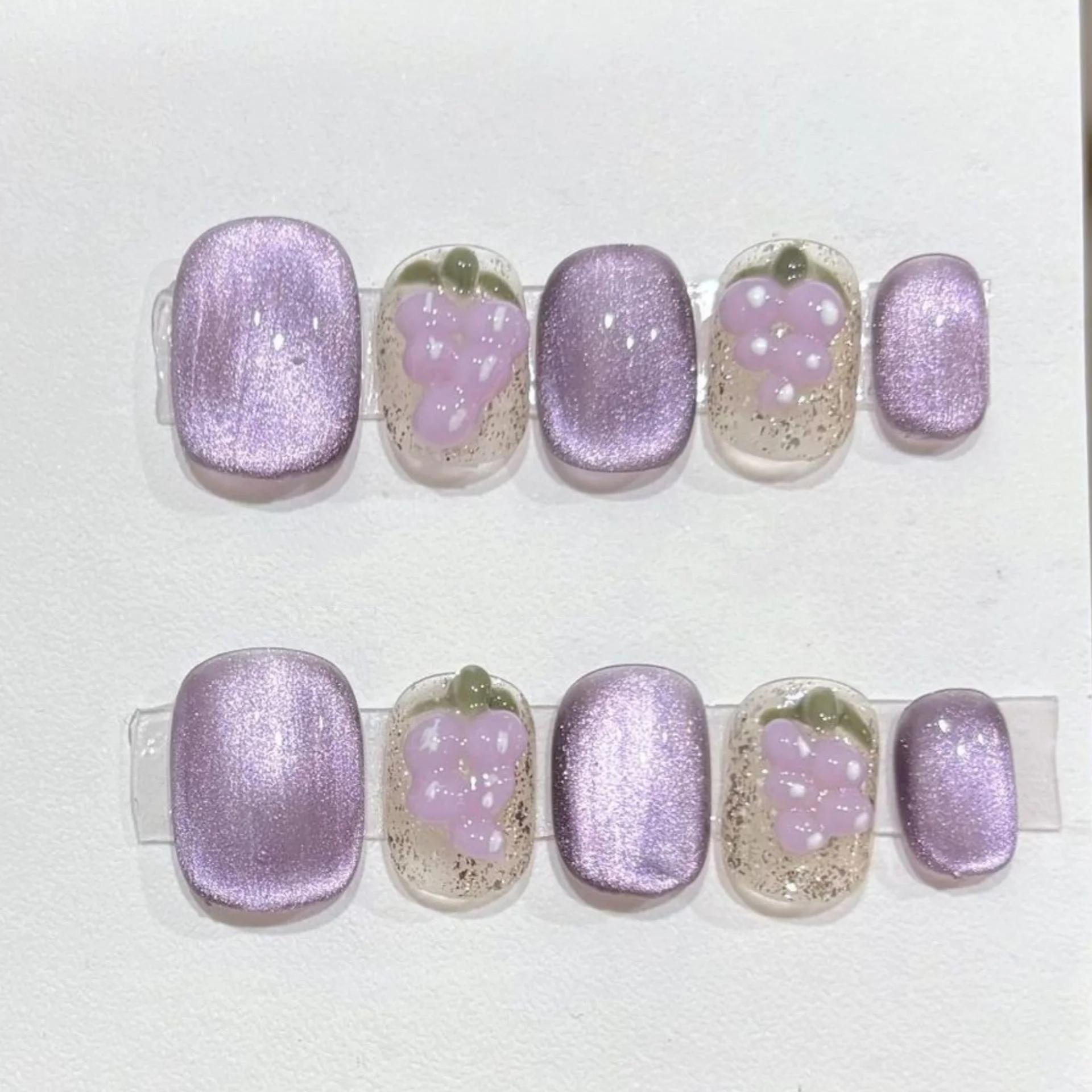 10개 블루 캣츠아이 핸드메이드 프레스온 네일 여름 과일 숏 네일 팁 스퀘어 라운드 인조 네일 아트 웨어러블 가짜 네일 세트