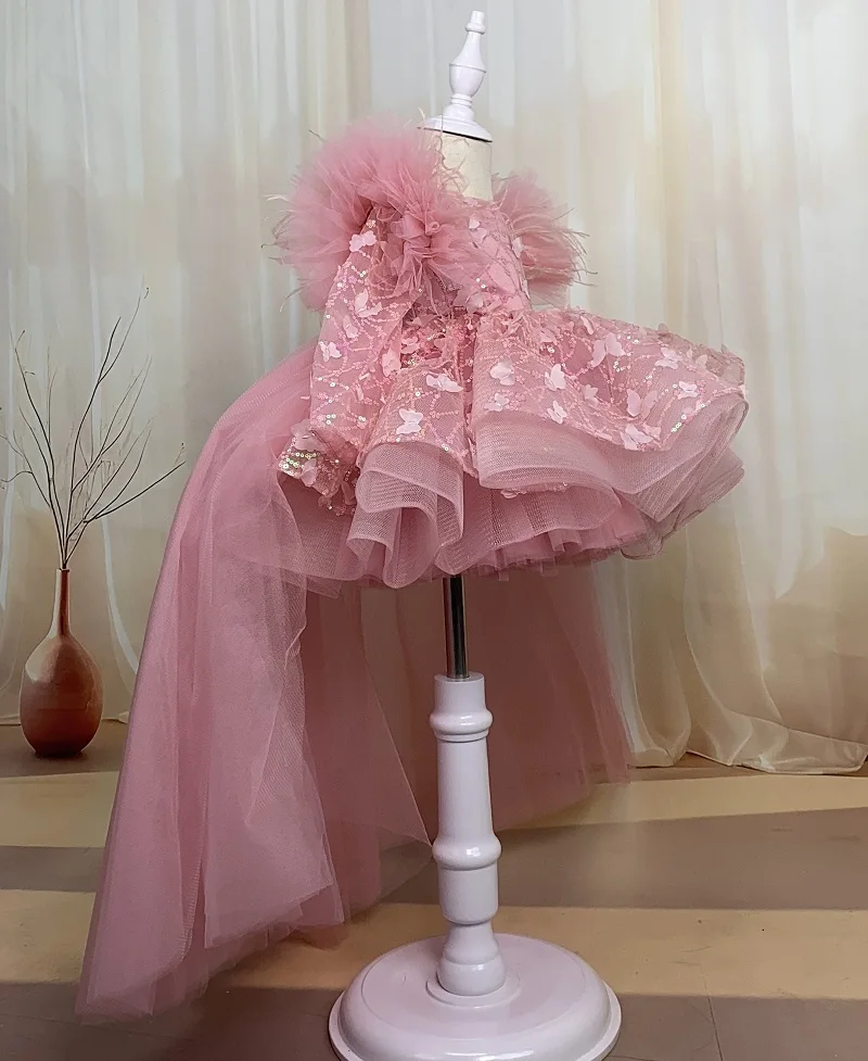 New stage performance girls long-sleeved bow dress Christmas birthday party trailing mesh elegant girl princess dress