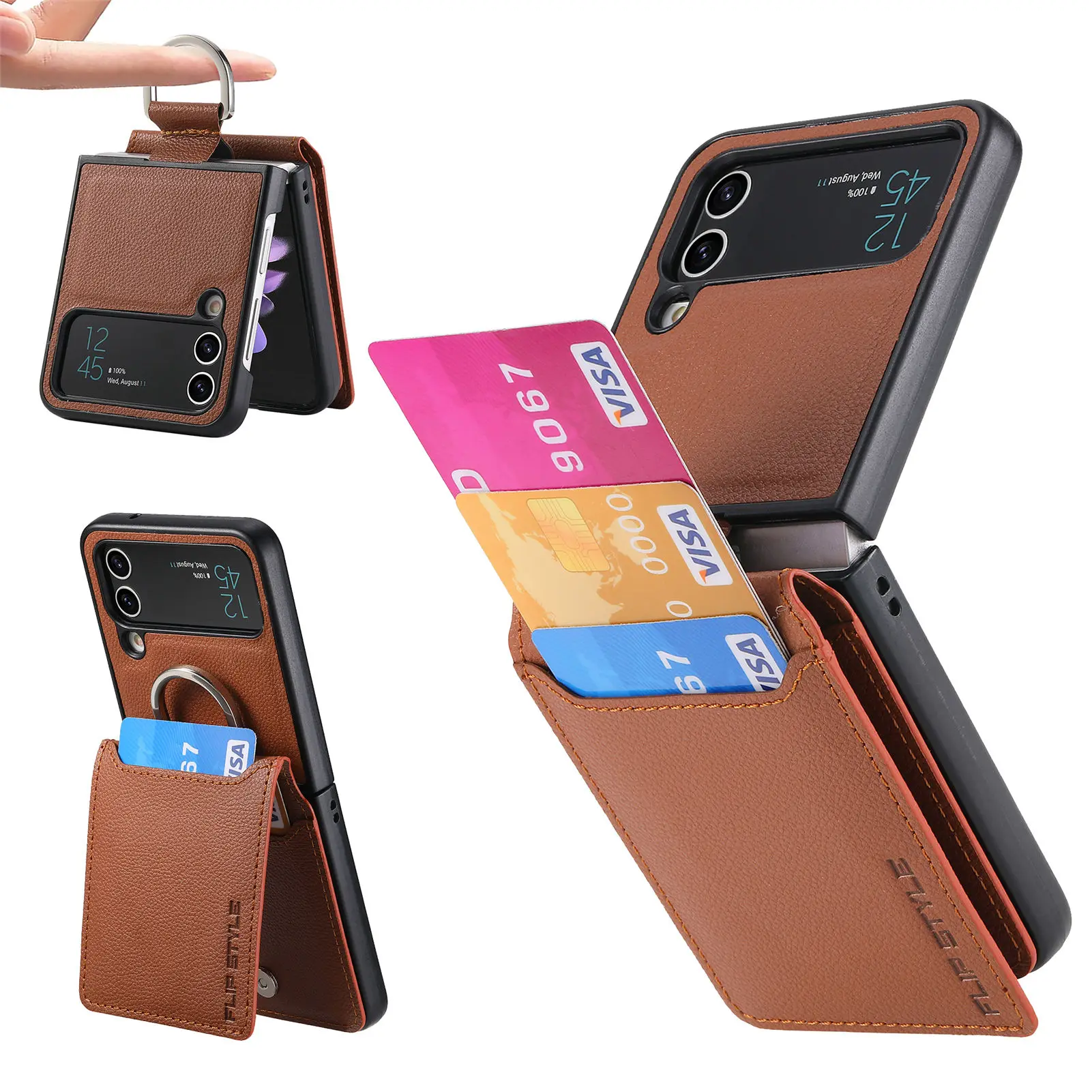 Vertical Cards Solt Magnetic Wallet Ring Holder Leather Case for Samsung Galaxy Z Flip 8 7 FE 6 5 4 Flip4 5G Zflip4 Stand Cover