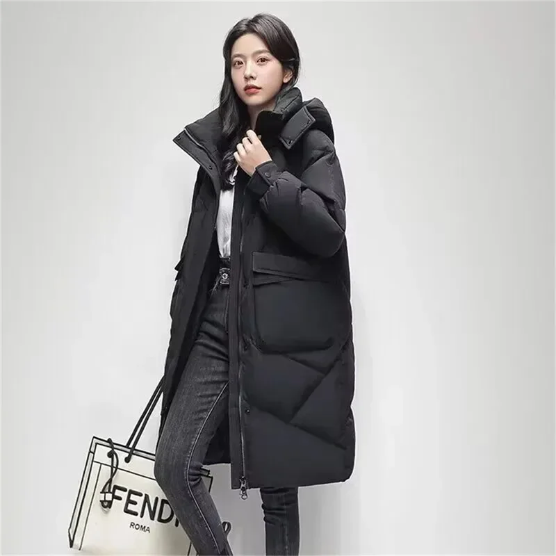 

Pop Pop 2025 Spring Autumn And Winter New Down Cotton Women's Mid Length Over Knee Cotton Coat Korean Fashion Casual Loose Thick