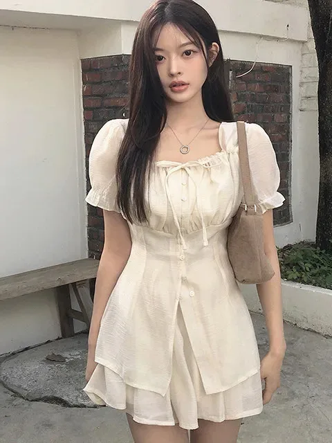 Summer New round Neck Drawstring Slim Top Short Skirt Two Piece Set Korean Style Women's Fashion Casual Wear Outerwear