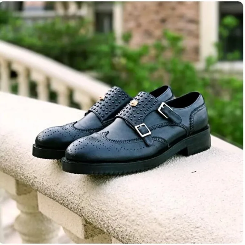 Handmade Monk Strap Rivets Black Formal Suit Dress Shoes Male Oxfords Top Quality Cow leather Men Business Shoe