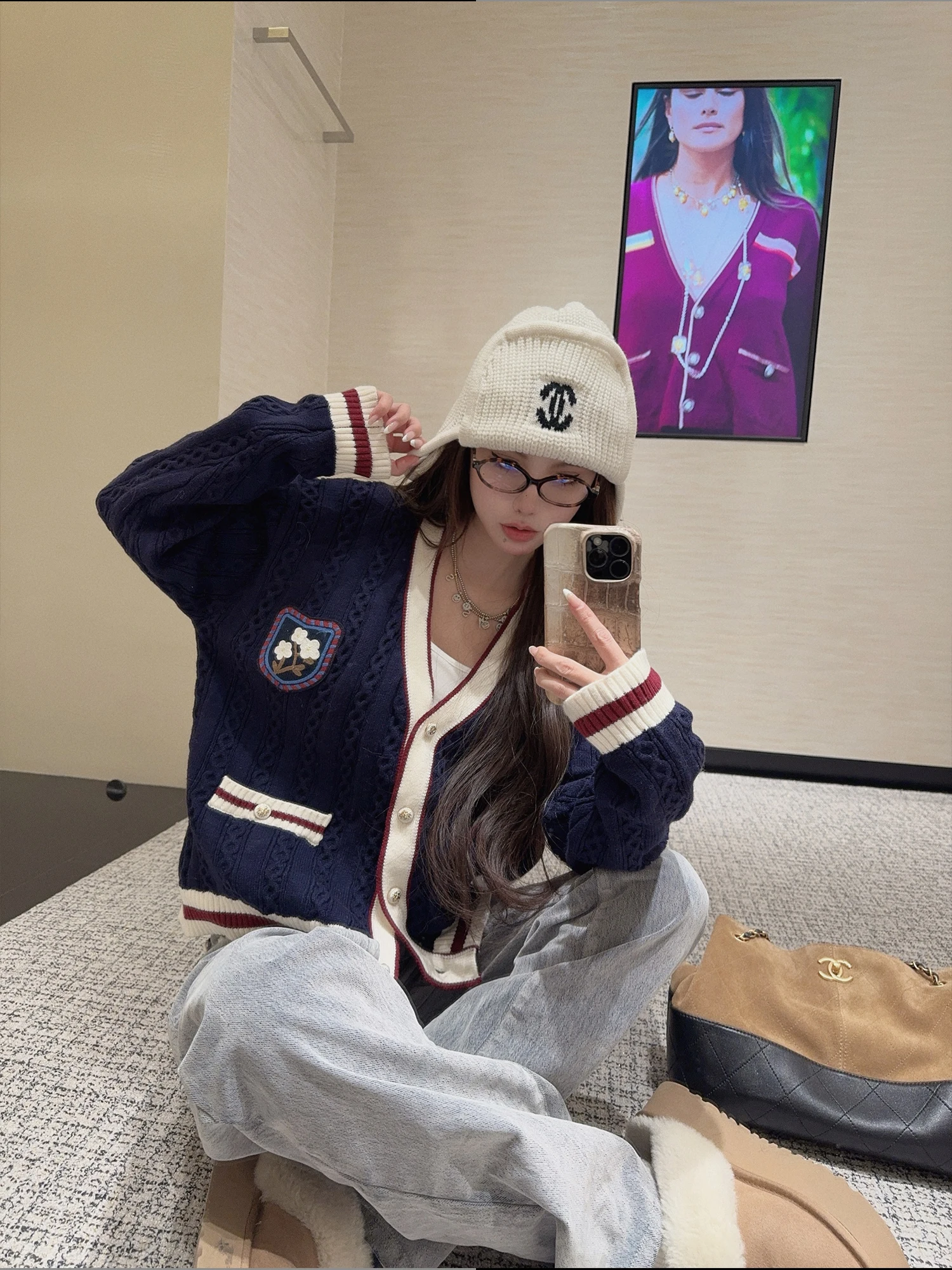 

Loose V-ne Knitted Cardigan Women's Winter Faion Casual Tea Rose Embroidery Open-irt Medium Softn Long Sve