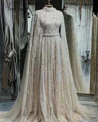 Heavy Beaded Evening Dresses Vestidos De Gala 2024 Elegant Cape Long Sleeves Dubai Engagement Dress Custom Cocktail Party Gowns