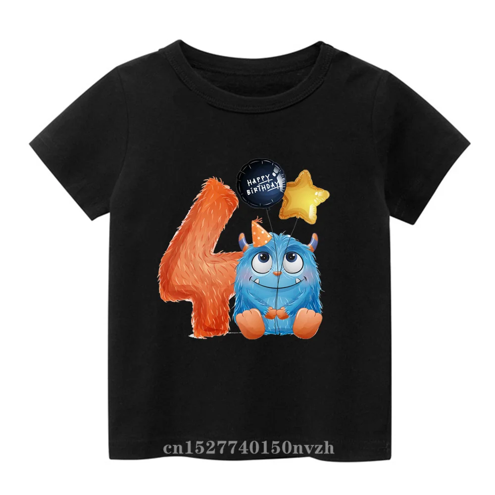 Cartoon Monster Birthday Number 1-9th Black Children T-shirt Kid Party Gift Present Clothes Baby Group Tops Tee,Drop Ship