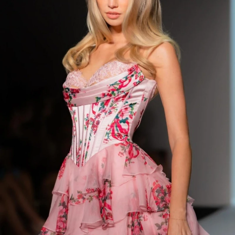 Elegant Women's Ruffle Prom Long Dress Boho Floral Print Sleeveless Corset Tiered Strapless Evening Party Maxi Dresses Ball Gown