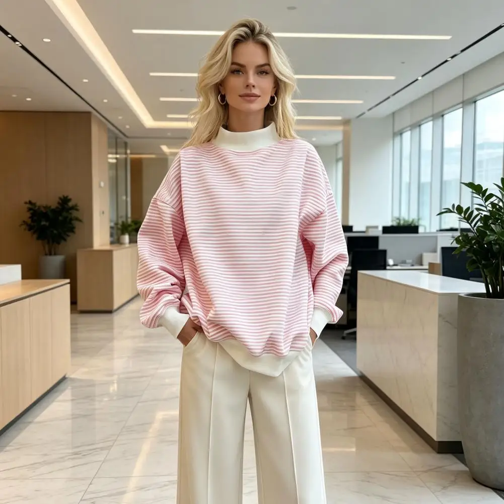 Wear Tops Women’s Mock Neck Striped Sweatshirt Oversized Long Sleeve Pullover Top Half Turtleneck Shirt with Ribbed for Fall