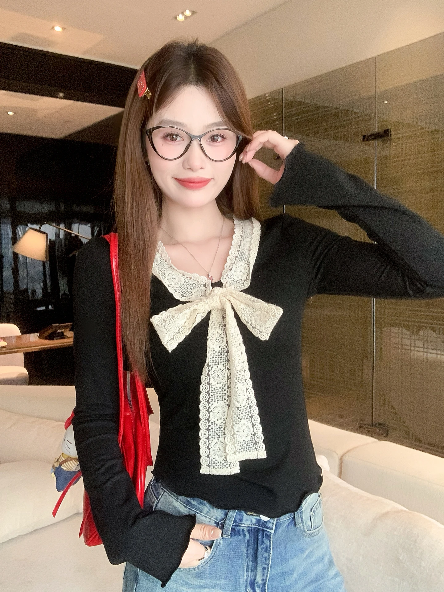 

Женская футболка Zeng Xiao Salt Unique Long Sleeve V-Neck, корейский стиль, облегающая, зимняя, модная, для ношения под одеждой, с узлом