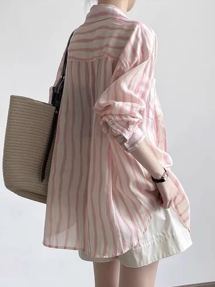 

Розовый кардиган с вертикальными полосками и длинными рукавами, летний, новый, повседневный, свободного кроя, с защитой от солнца, с воротником, женский.