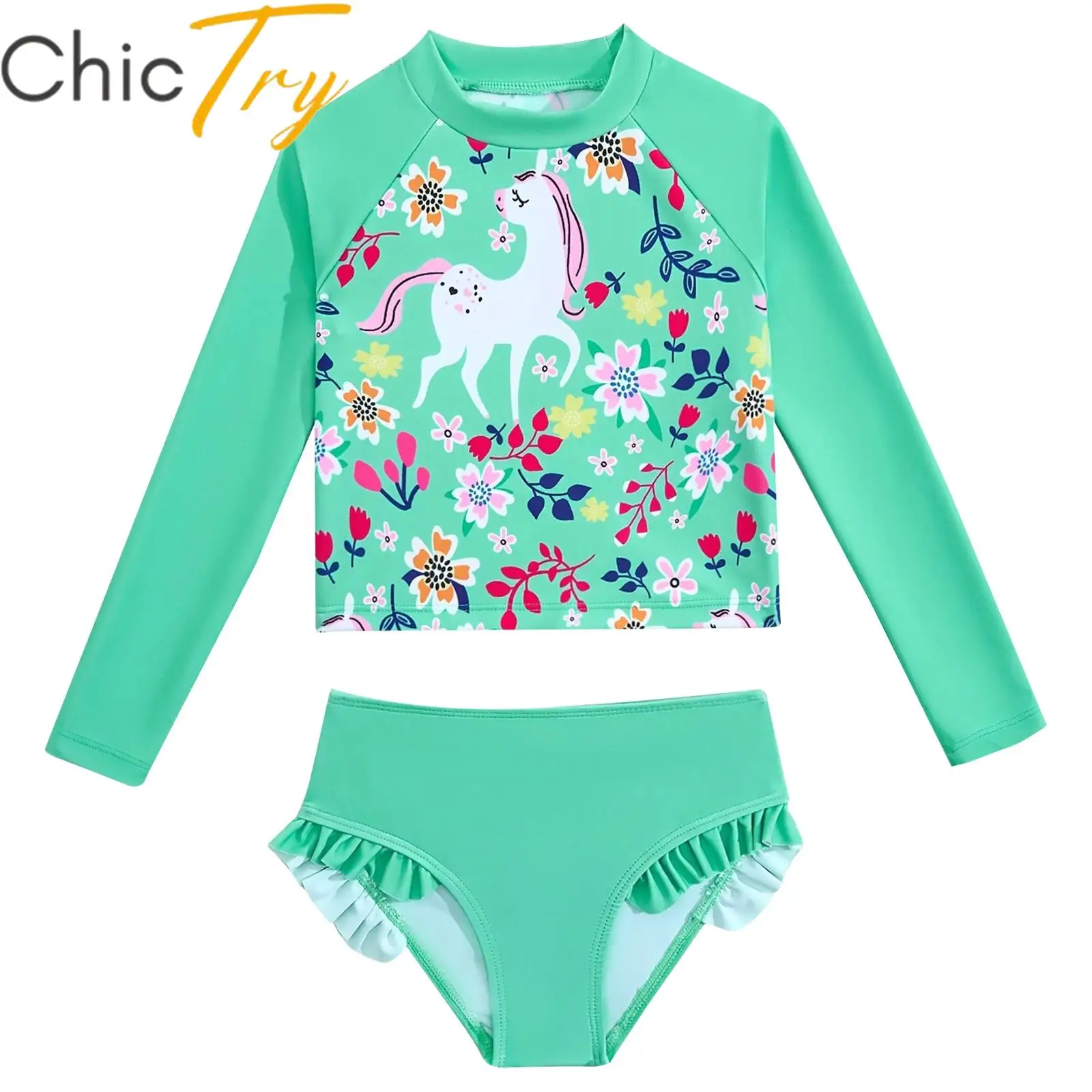 

Kids Girls 2-Piece Swimsuit Rash Guard Swim Set Long Sleeve Horse Floral Top with Ruffled Trim Briefs Suit for Swimming Surfing