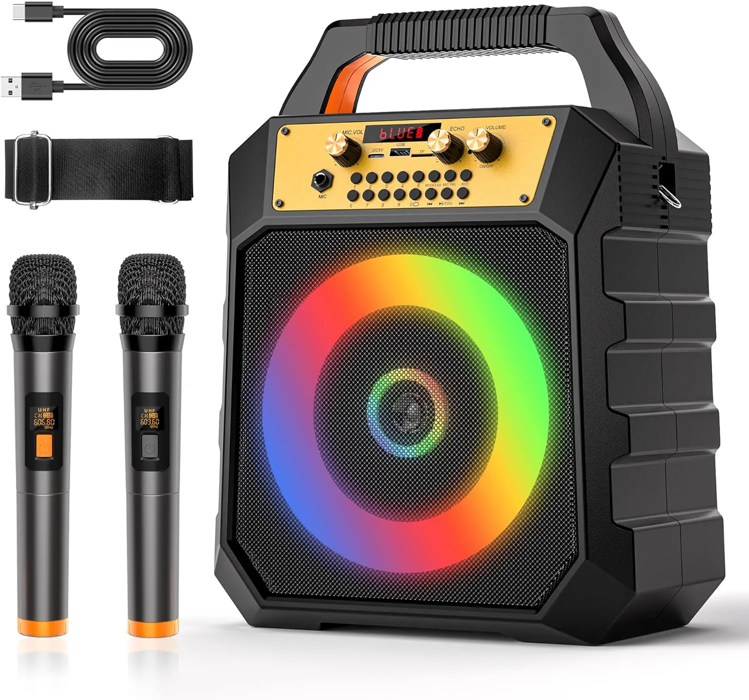 

Портативная караоке-система с 2 беспроводными микрофонами, Bluetooth-колонкой, LED-подсветкой, поддержкой TF/SD/USB/AUX/FM/REC для домашних вечеринок
