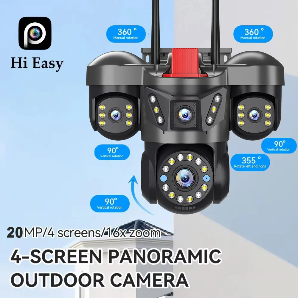 4-Lens 4-Screen PTZ Security Camera - 10K 20MP Outdoor WiFi IP Cam with 16X Zoom & 360° View, Auto Tracking CCTV Surveillance