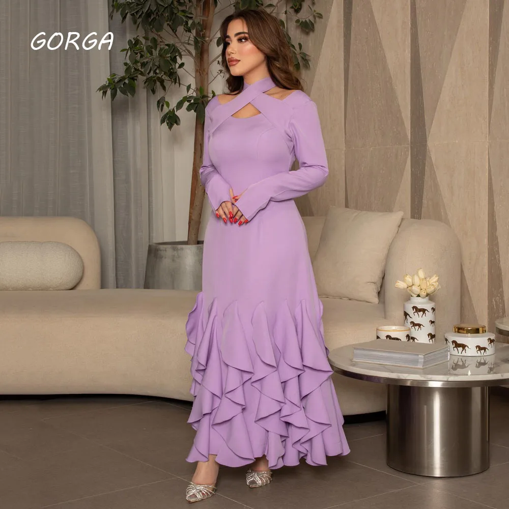 

GORGA Purple Halter Long Mermaid 2024 High Quality Ruffles Crepe Ocassion Gown Floor-Length Evening Dress فستان سهرة نسائي