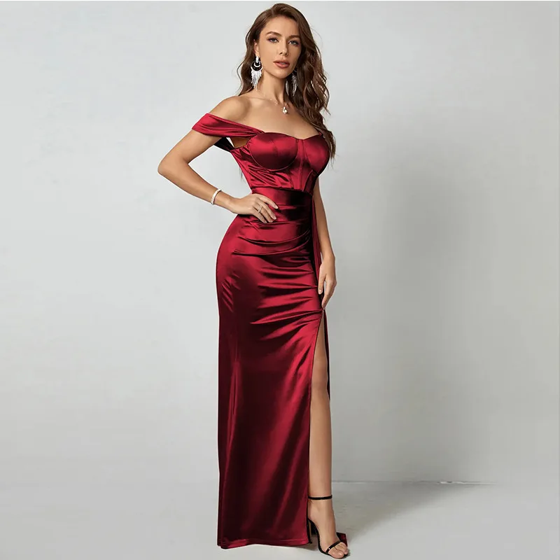 Elegant Women\'s Waist Solid Color One-shoulder Neckline Slit Evening Dress Fishtail Skirt Long Formal Banquet Dress EveningGown