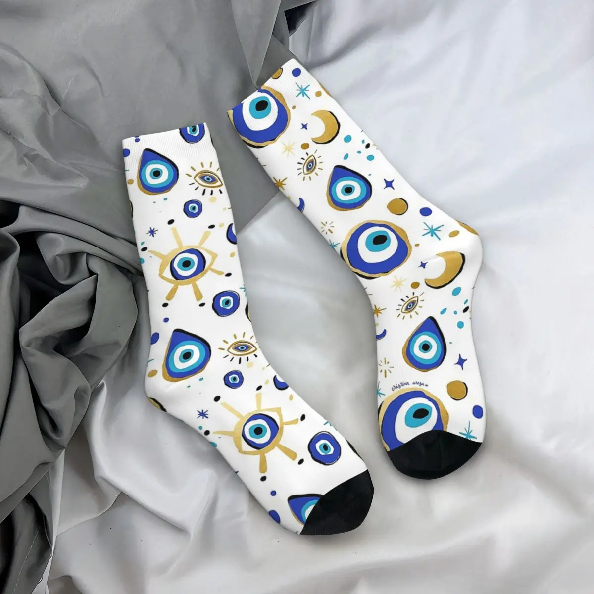 Blue Evil Eye Socks Men\'s Women\'s Funny Happy Greek Amulet Nazar Lucky Socks Spring Summer Autumn Winter Middle Tube Socks Gifts