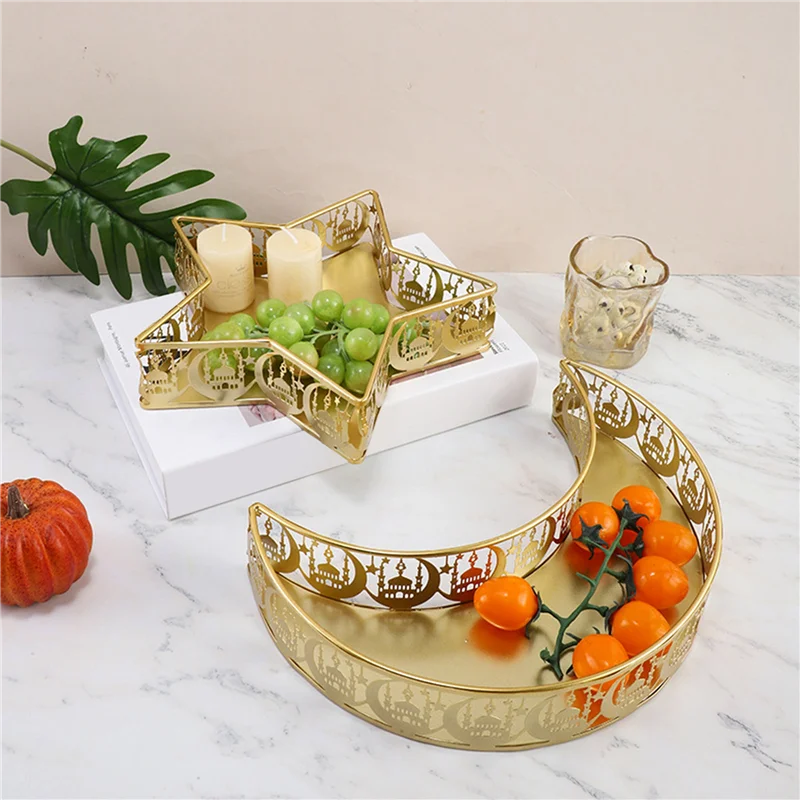 

AT02-Ramadan Trays Decor Iron Eid Mubarak Moon Star Serving Trays Islam Muslim Food Serving Tray