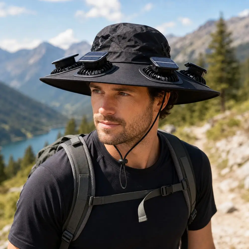New 6 Fans Solar Fan Hat Breathable Wide Brim Solar Sun Cap Adjustable Solar Powered Fan Visor Cap Outdoor Hiking