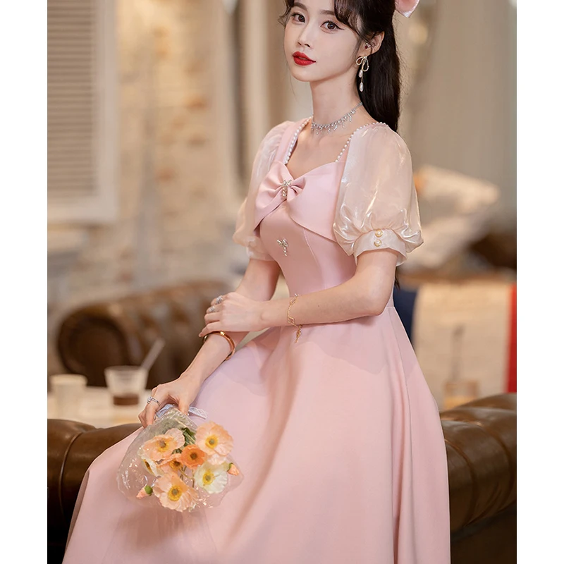 Pink Evening Dresses For Women Bubble Sleeve Wedding Bridesmaid Dresses Butterfly Decoration Temperament Birthday Party Dresses