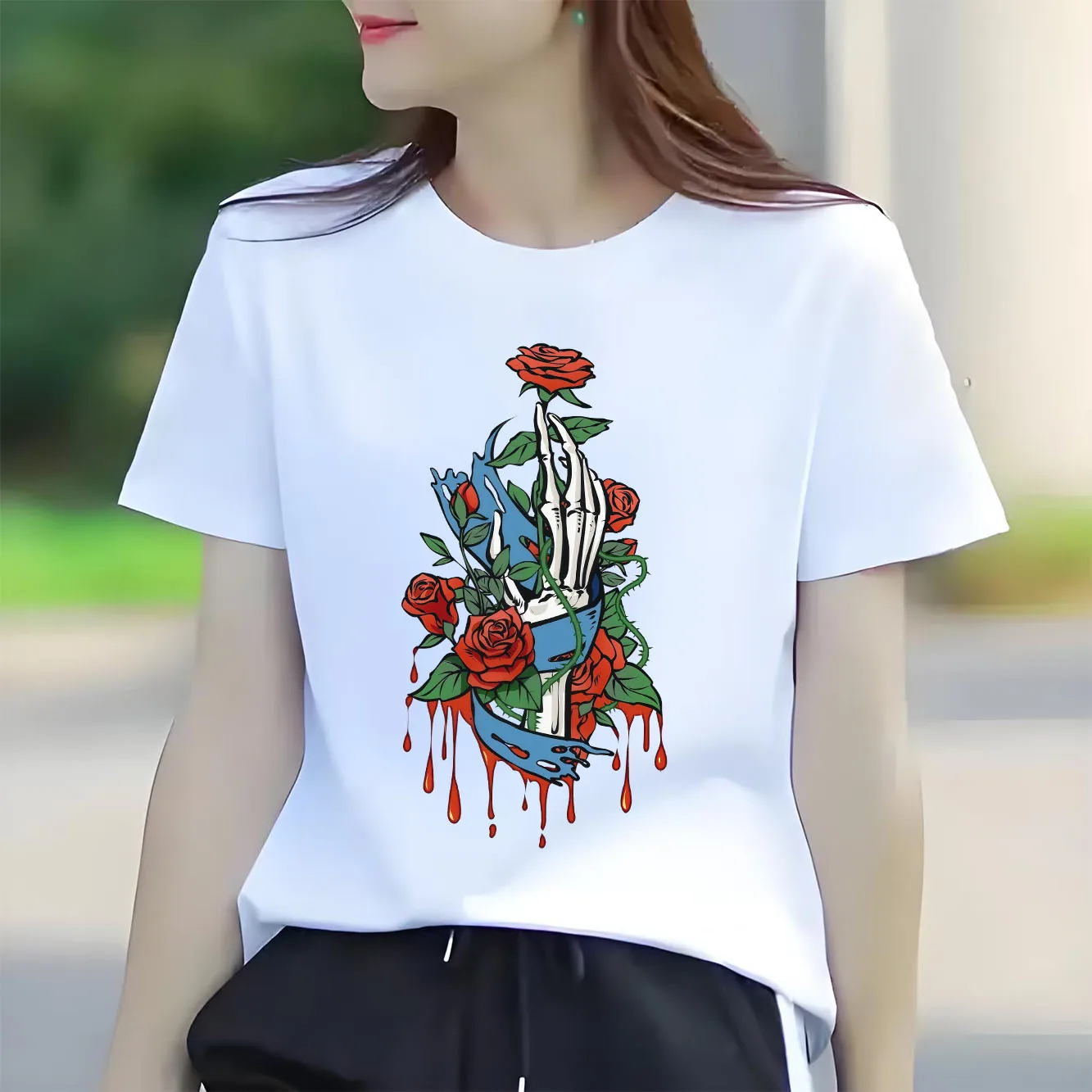 ファッションスケルトンローズプリントストリートTシャツ半袖ラウンドネックカジュアル多用途レディースTシャツ