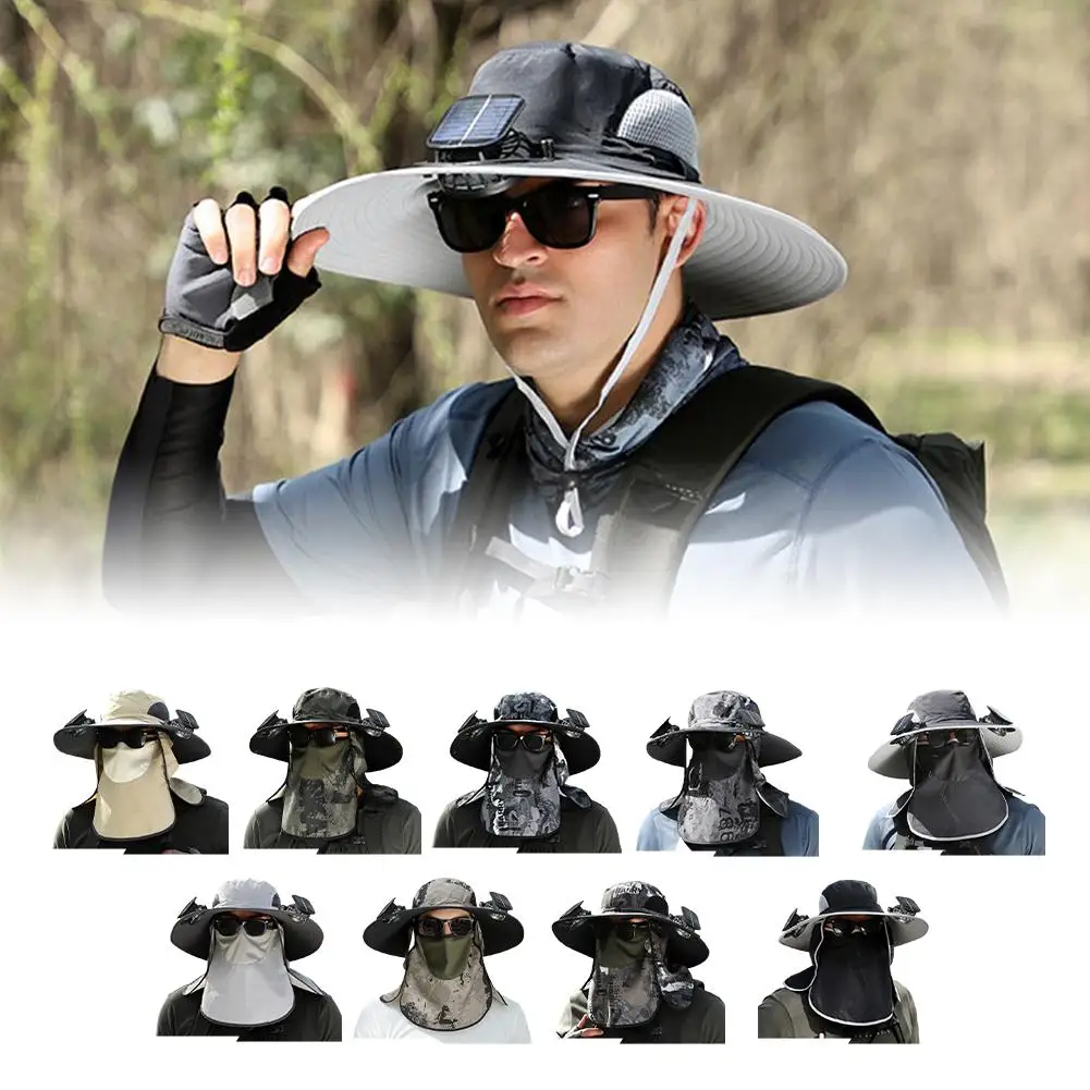 Men Wide Brim Sun Hat With 2 Solar Fan Fishing Hats Outdoor UV Protection Face Mask Travel Camping Fisherman