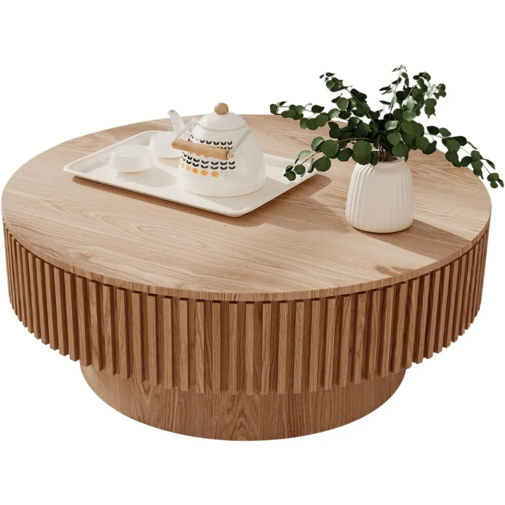 

31.5'' Round Coffee Table for Living Room, Fluted Coffee Table with Hidden Storage, Solid Wood Circle Table, Modern Tea Table fo