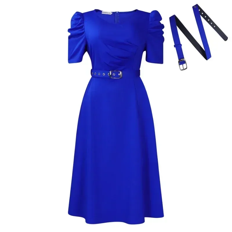 Women Pleated A Line Dresses V Neck Short Sleeves Classy Elegant Office Modest African Female Church Dress Spring Fashion 2024