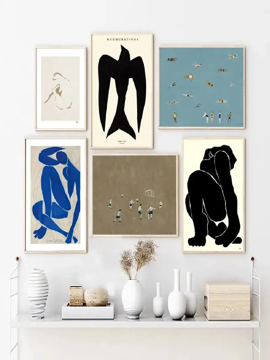 Klassische Vintage-Wandkunst mit abstraktem Vogelmotiv, Paris Line Swimming, Leinwanddruck, Poster für Wohnzimmer, Schlafzimmer, Dekoration