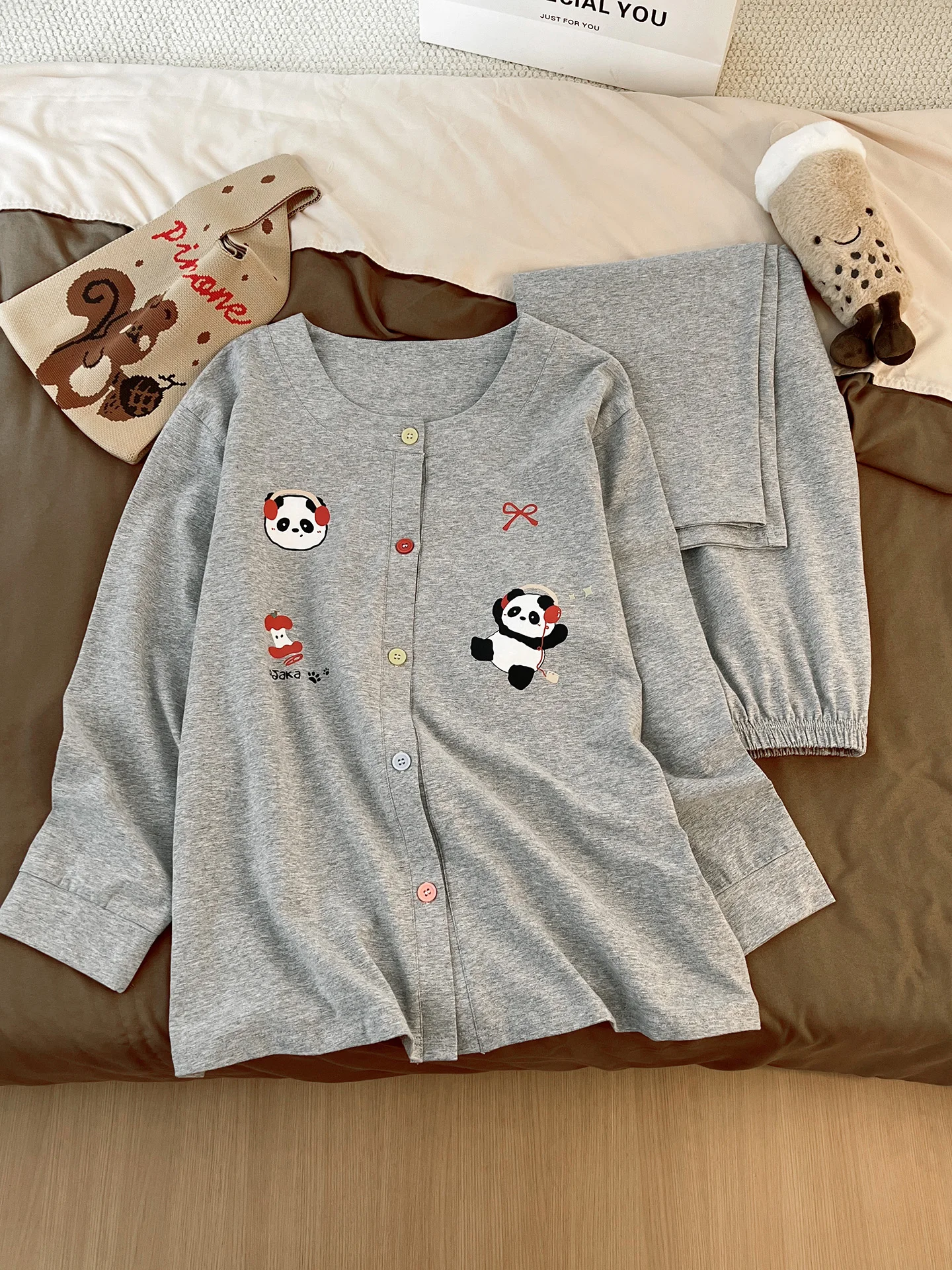 女性の綿パジャマ長袖ホーム服セット春秋純綿プラスサイズ外でも着用可能パンダプリント