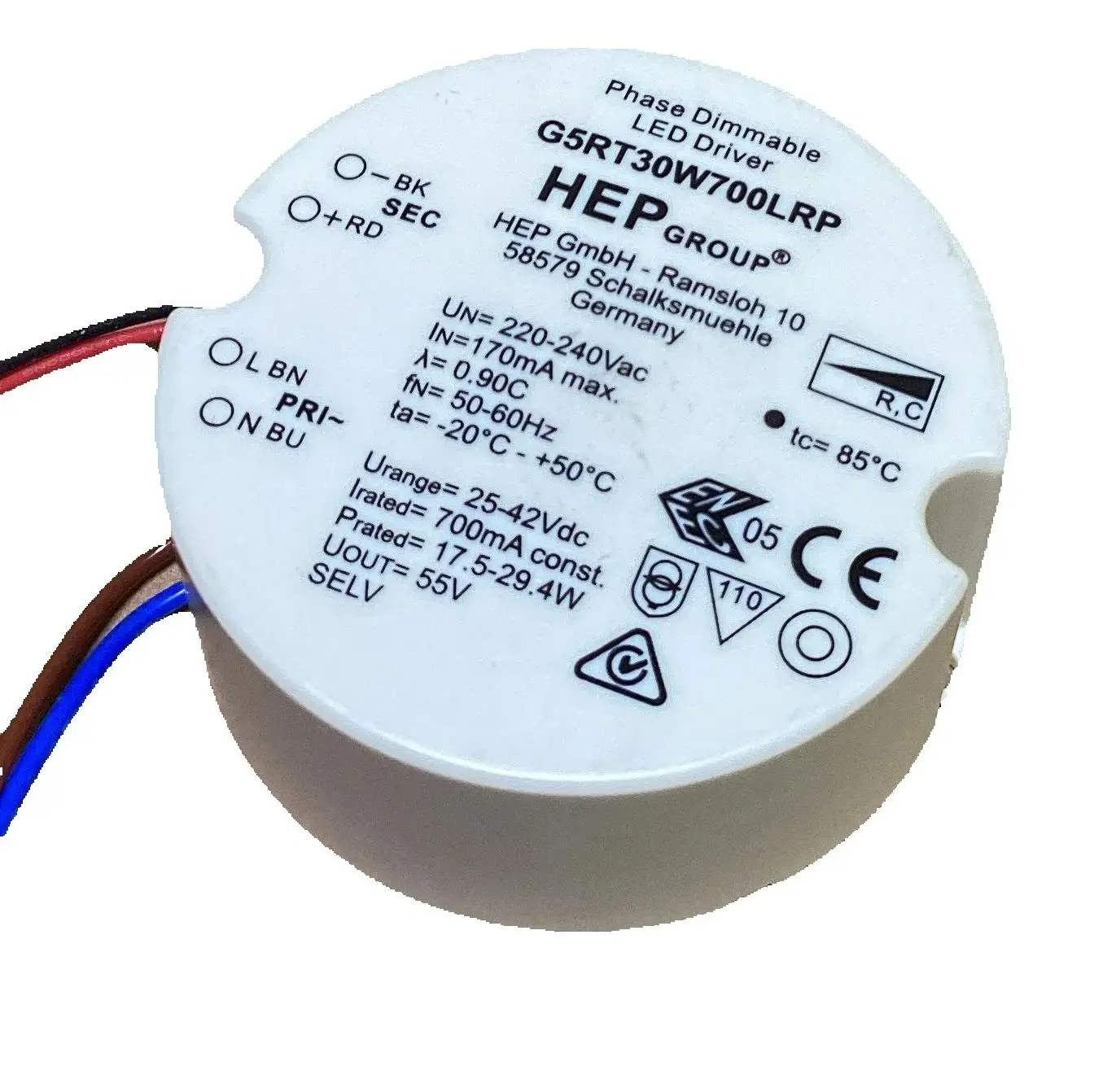 

Диммируемый LED-драйвер 700мА CC со встроенным круглым блоком питания, управление по фронту фазы (Trailing Edge), G5RT30W700LRP