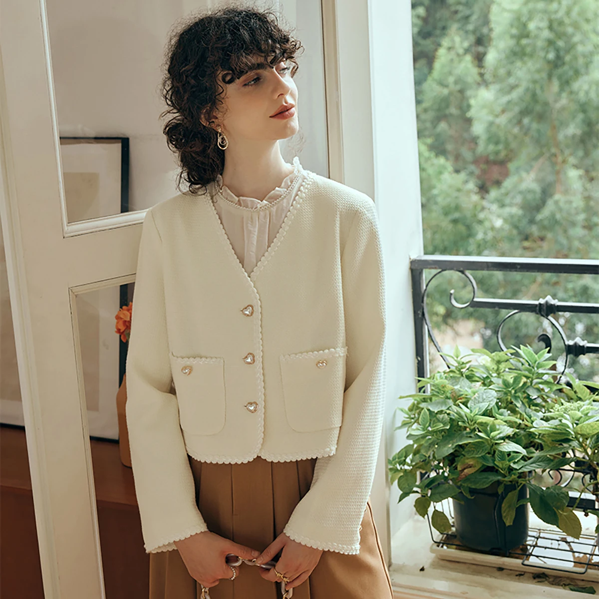 OLrain المرأة عبق نمط سترة ثلاثية الأبعاد الجاكار الصلبة معاطف 2025 الخريف جديد أنيق الخامس الرقبة الإناث أعلى O23QW82618 #3