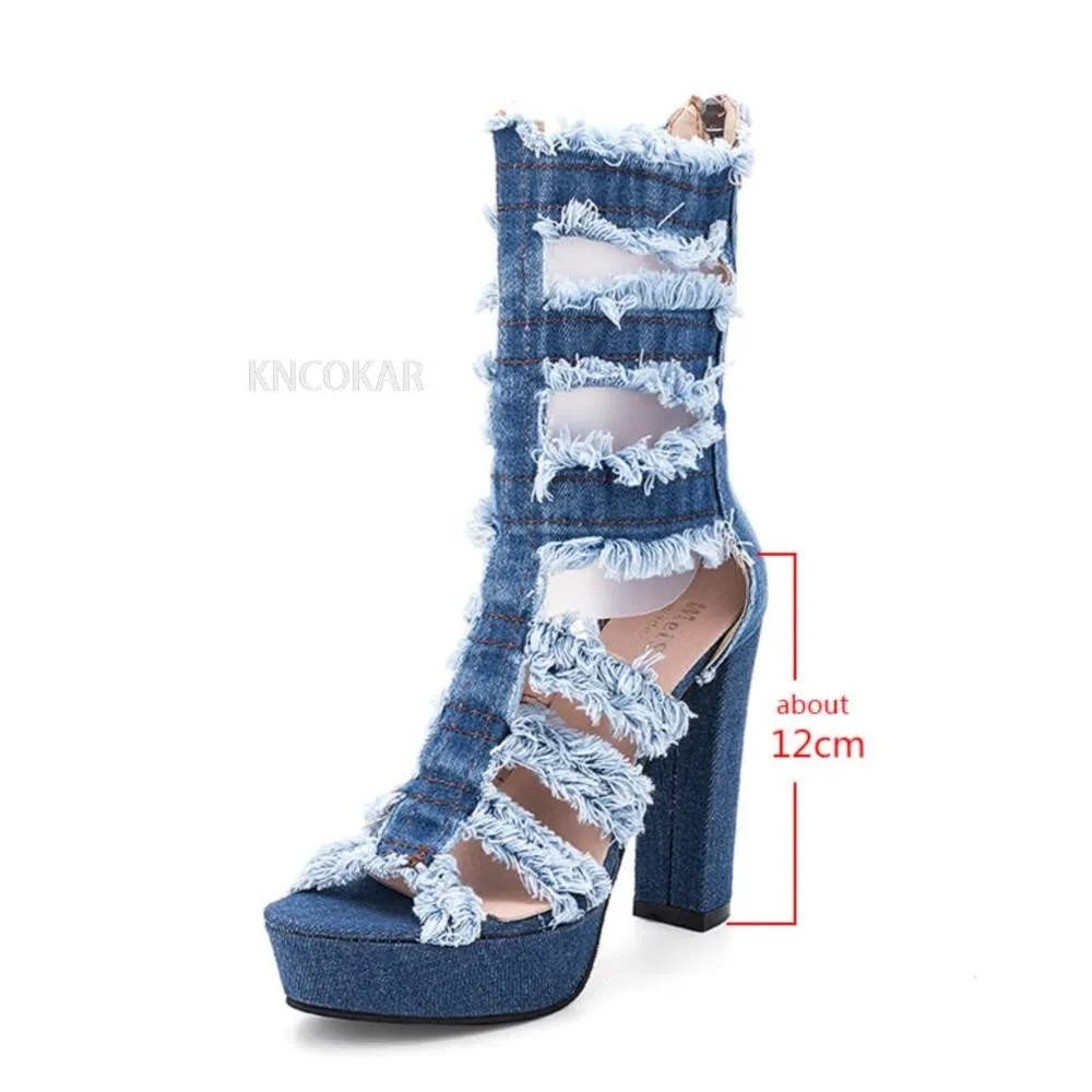 New Fashion Women Knee High Boots Square High heel Sexy Cut-out Jeans Boots Summer Cool Boots Breathable Denim Women\'s Shoes