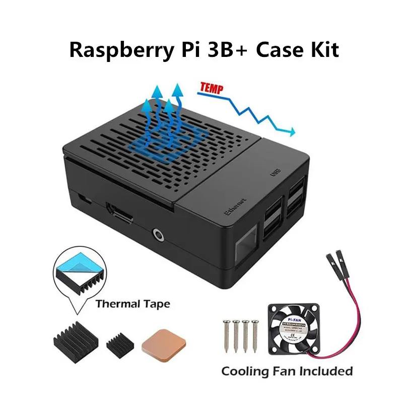 

Защитный комплект для корпуса Raspberry Pi 3B 3B+ 4B с охлаждающим вентилятором, алюминиевые радиаторы, черный корпус для корпуса Raspberry Pi