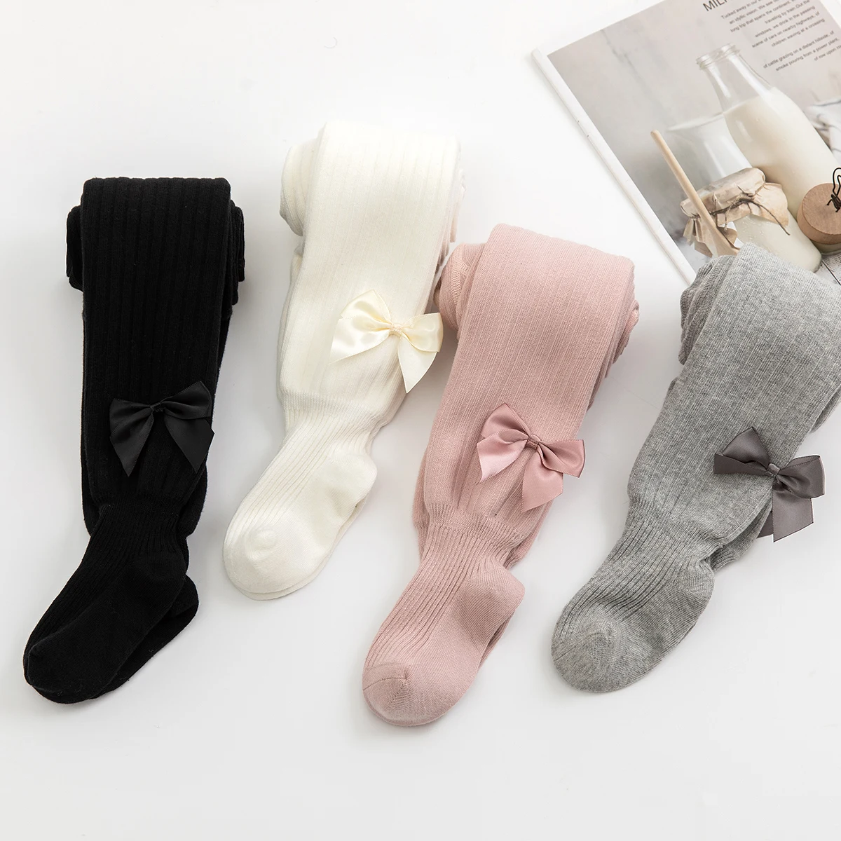 1PC Girls Fleece Lined Tights, Ribbed Bow Warm Thick Kids Footed Pantyhose for Autumn Winter