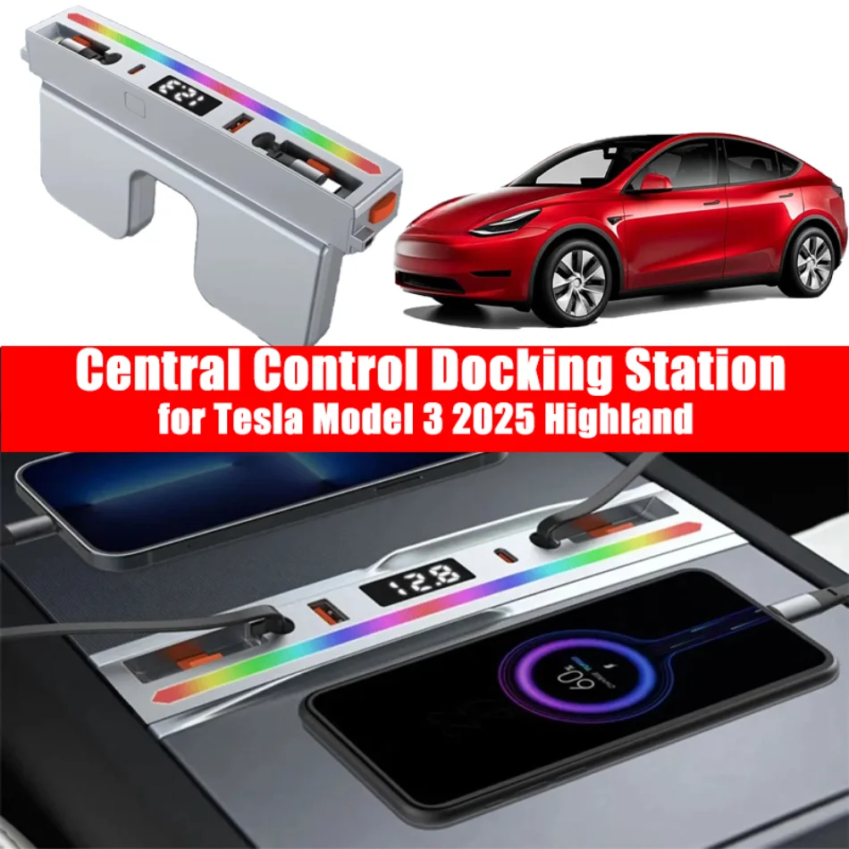 

Central Control Docking Station for Tesla Model 3 2025 Highland 65W Super Fast Charging Hub with Mood Light Extension Accessory